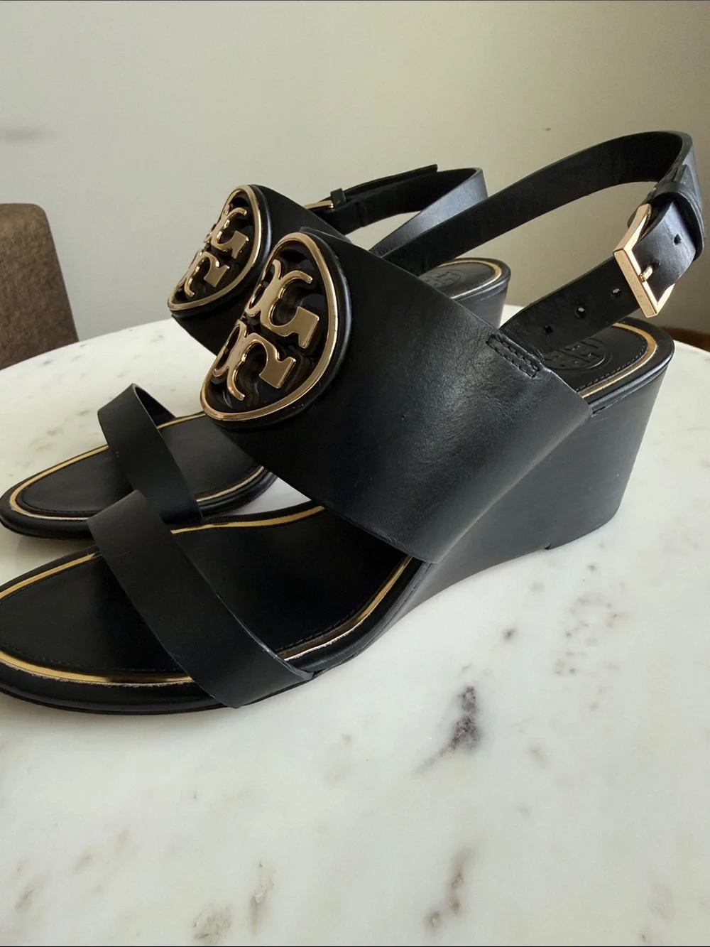 Tory Burch Miller Black Wedge Sandals with Gold Emblem Size 7.5